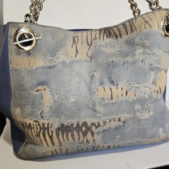 Valentino By Mario Valentino Luisa Blue Denim Zebra Large Leather Handbag Purse - Picture 9 of 16